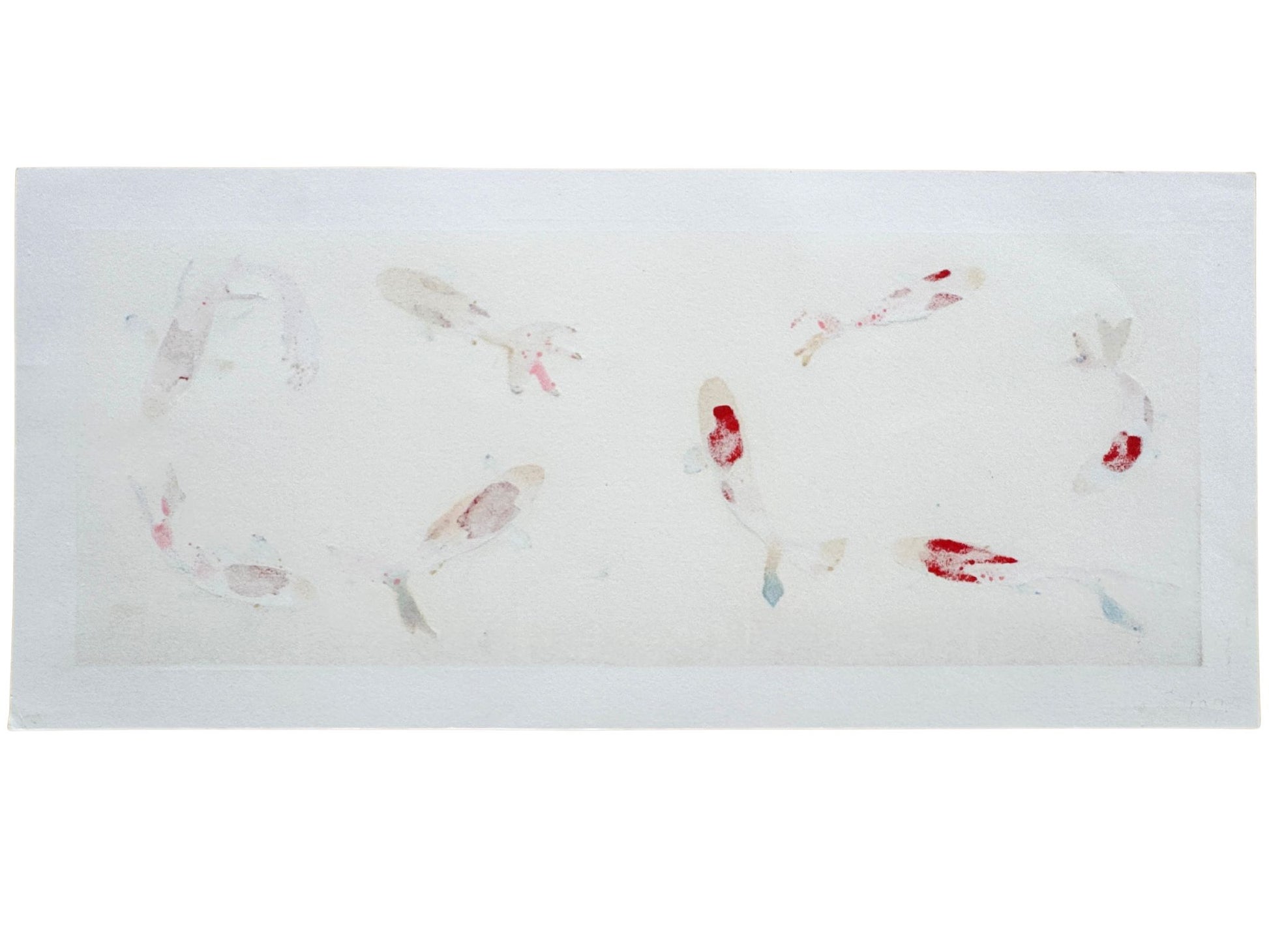 Estampe japonaise de Kunio Kaneko représentant des carpes Koï sur fond doré et argenté, le verso