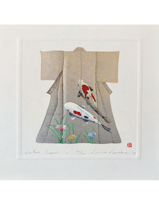 Estampe Japonaise de Kunio Kaneko représentant un kimono orné de carpes Koï et d’iris