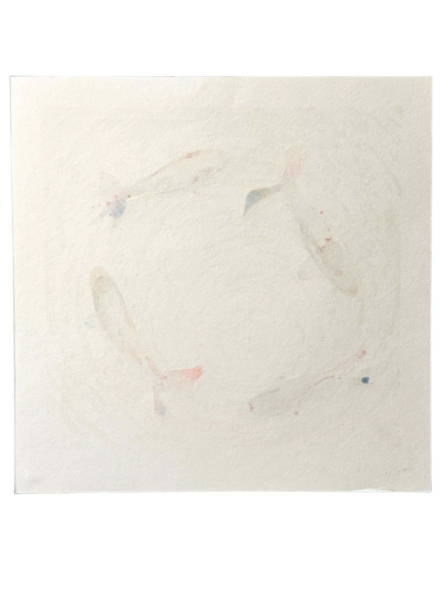 Estampe japonaise de Kunio Kaneko représentant quatre carpes koï dans un mouvement circulaire sur fond jaune et blanc verso