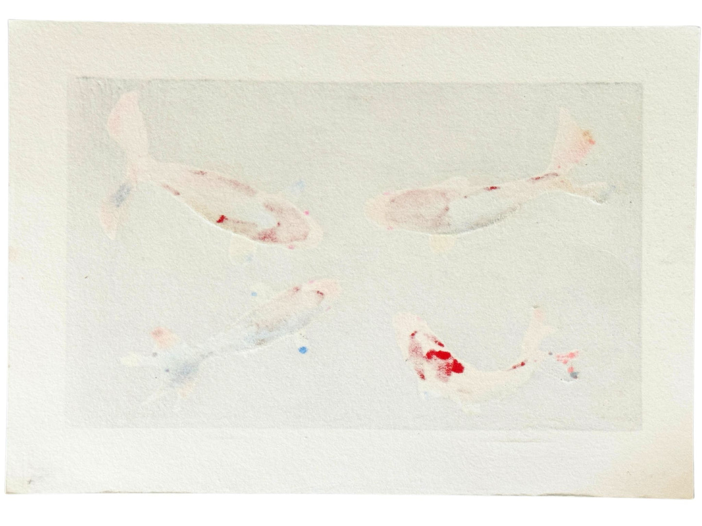 Estampe Japonaise de Kunio Kaneko représentant quatre carpes Koï sur fond noir verso