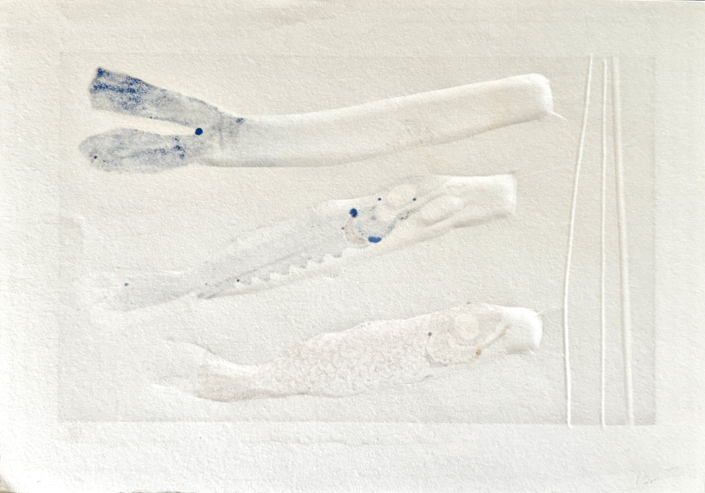 Estampe japonaise avec trois koinobori colorés et un casque kabuto sur fond doré par Kunio Kaneko verso