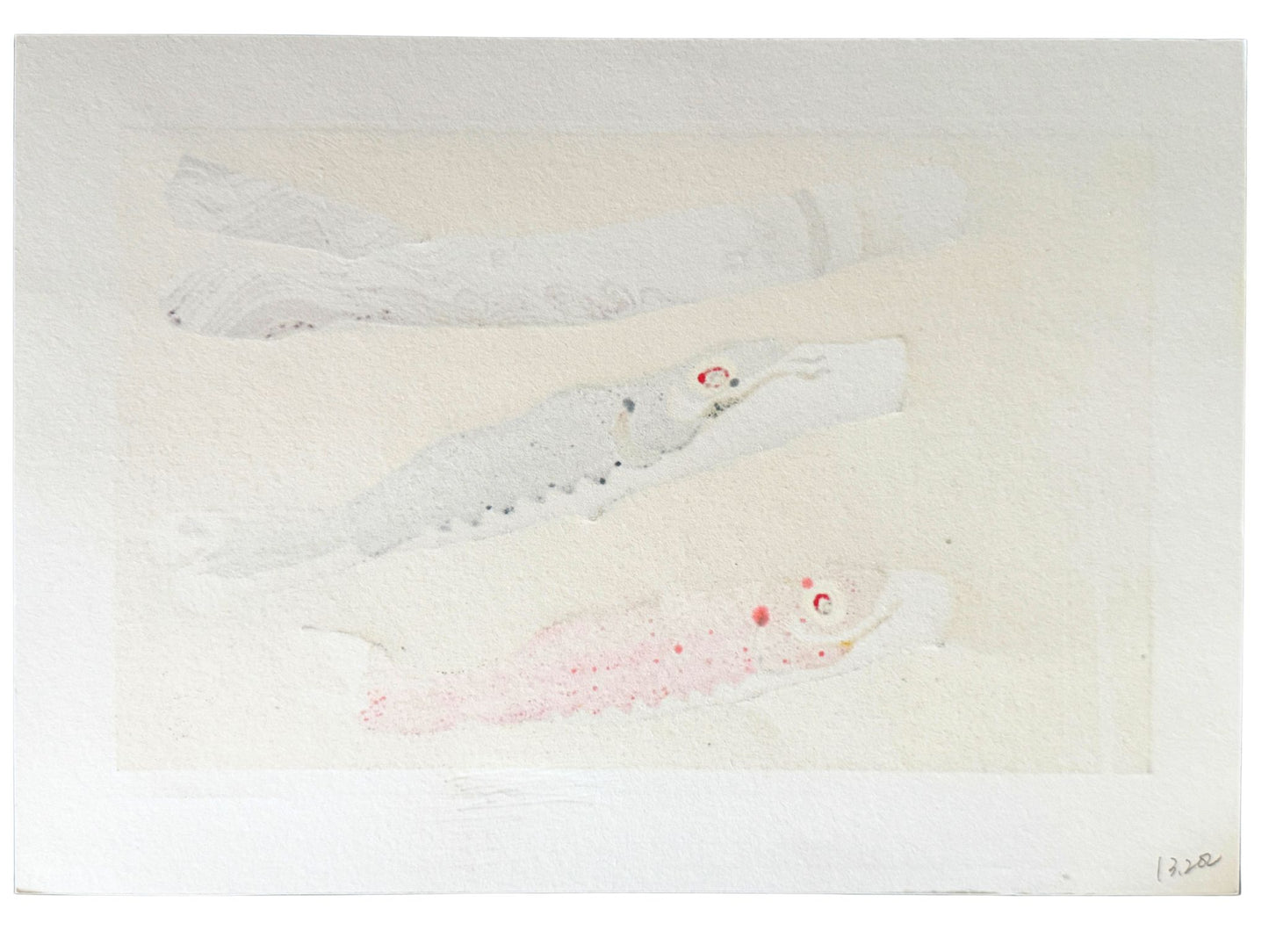 Estampe japonaise de Kunio Kaneko représentant trois koinobori et le kanji Nagomi sur fond argenté verso