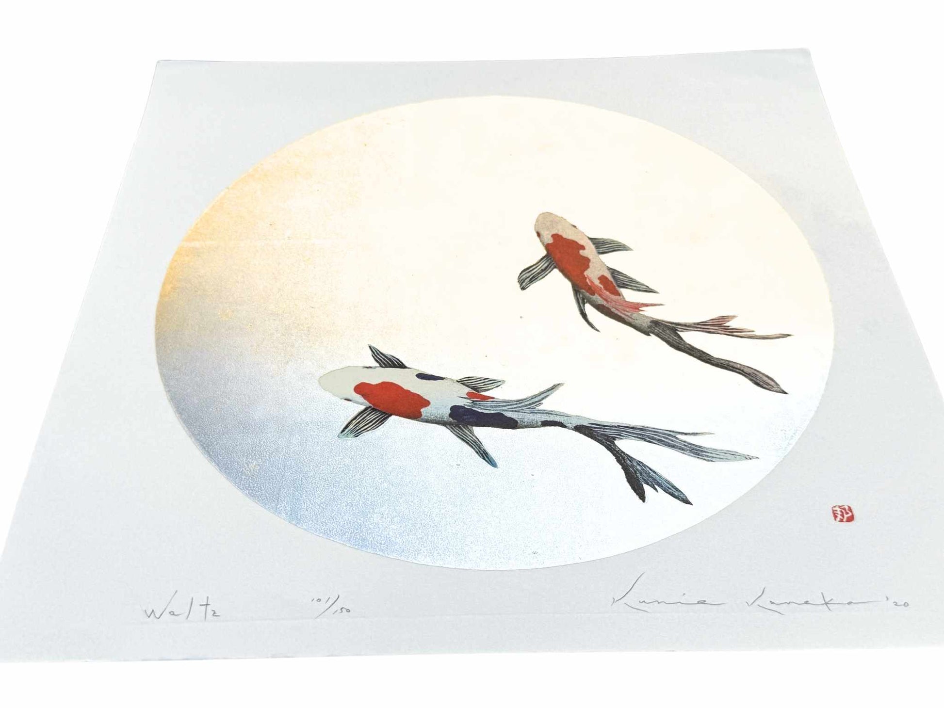 estampe japonaise de Kunio Kanéko, deux carpes koi rouge et blanches sur fond doré-argenté, reflet