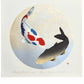 estampe japonaise de Kunio Kaneko, deux capres Koi, une tricolore et une gold