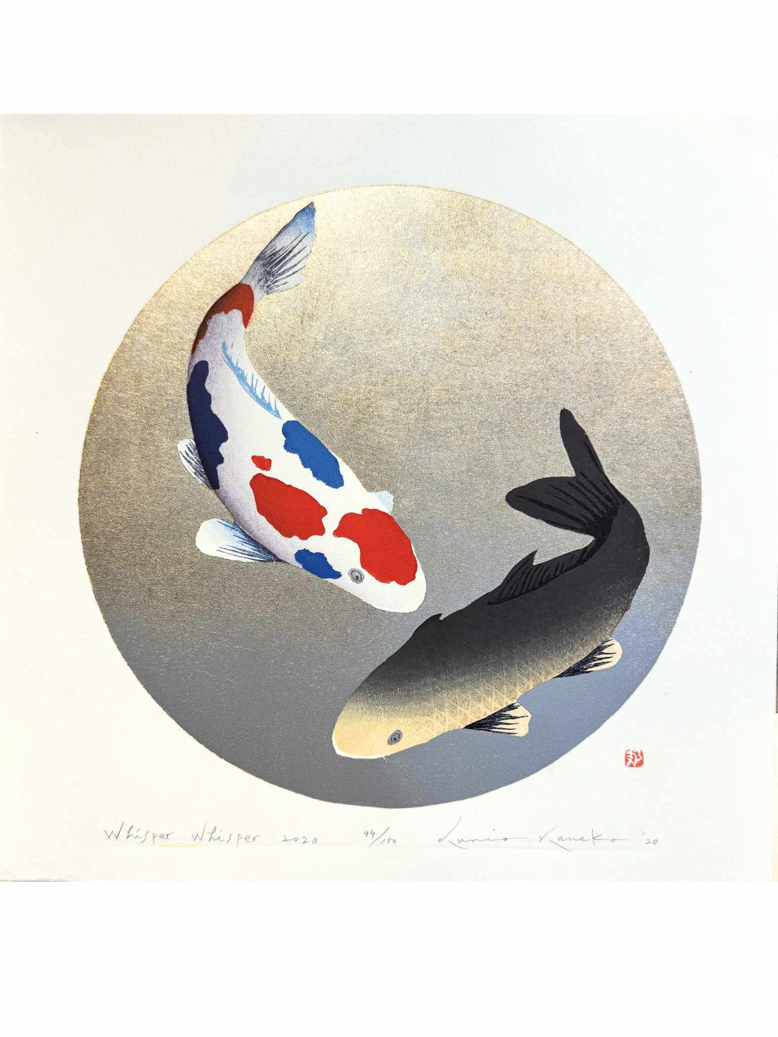 estampe japonaise de Kunio Kaneko, deux capres Koi, une tricolore blanche avec des taches rouges et bleues, et une gold.
