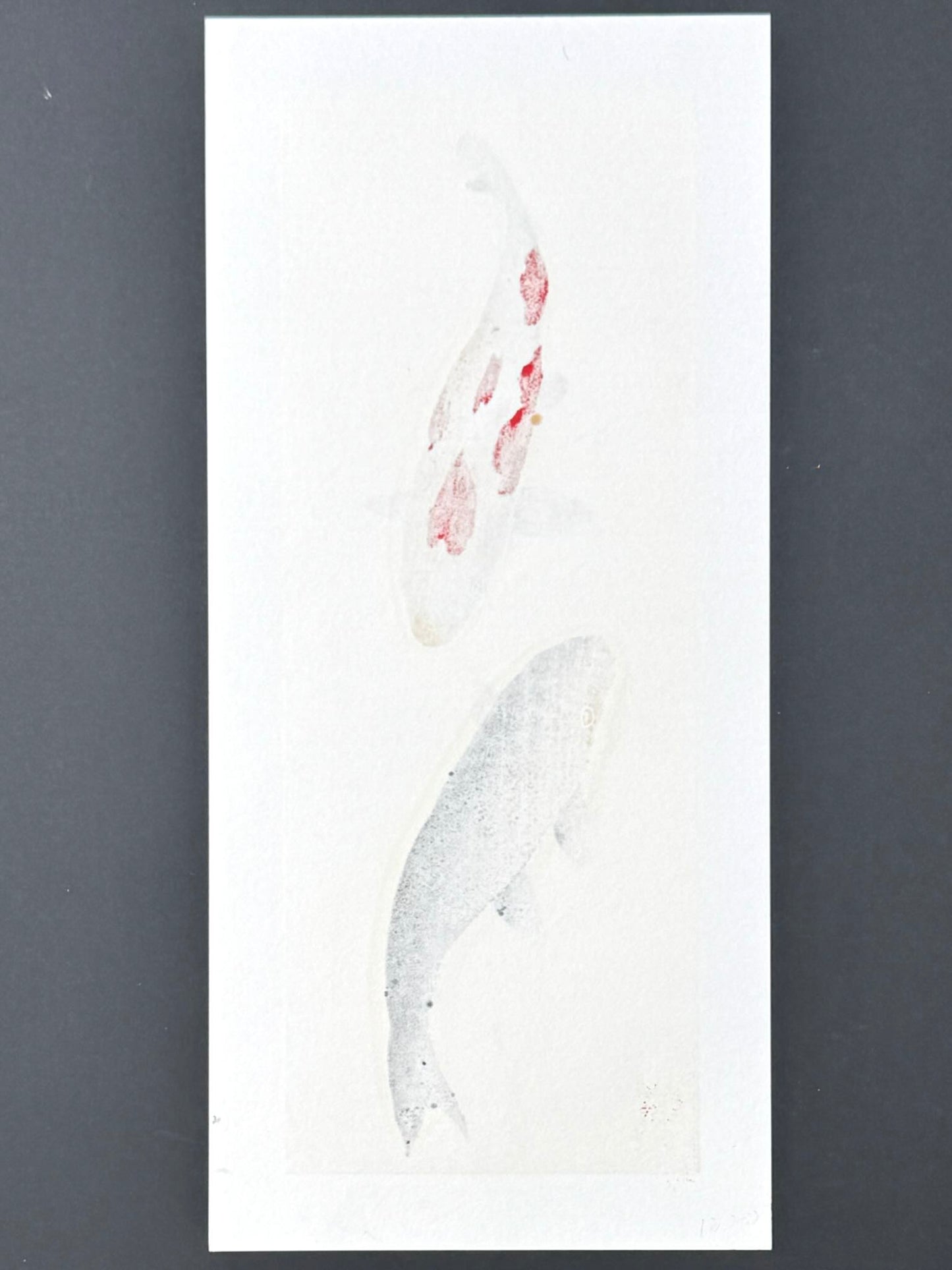 estampe japonaise de Kunio Kaneko, deux carpes Koi, une rouge et blanche et une doré sur fond or et argent, le verso
