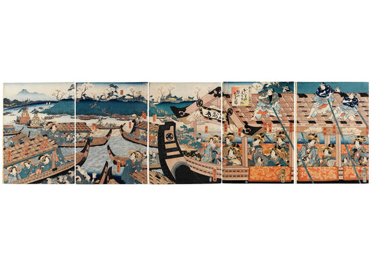 estampe japonaise panoramique courtisanes sur des bateaux admirant les cerisiers en fleurs