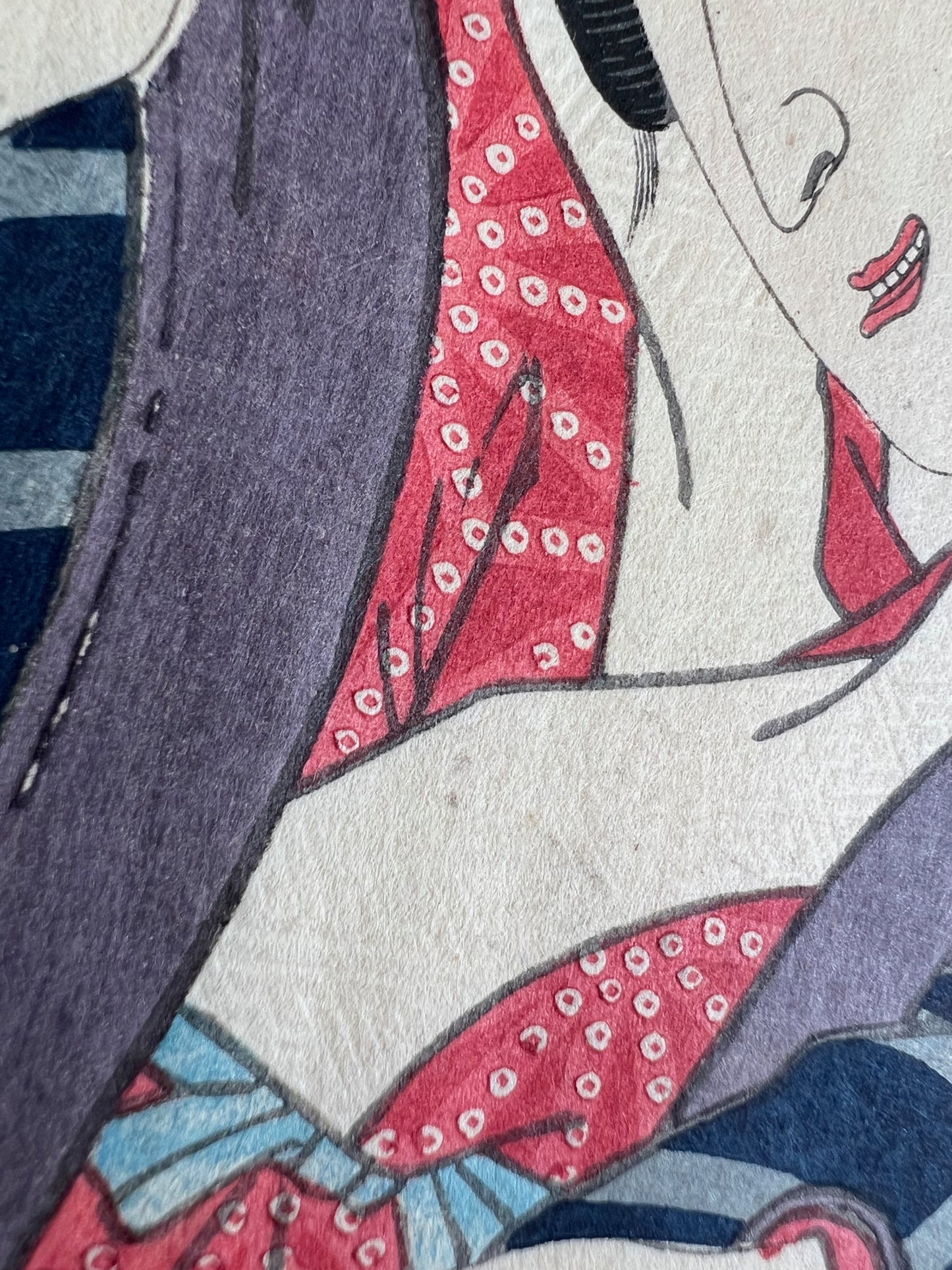 estampe japonaise couple en séduction, gaufrage du col blanc du kimono