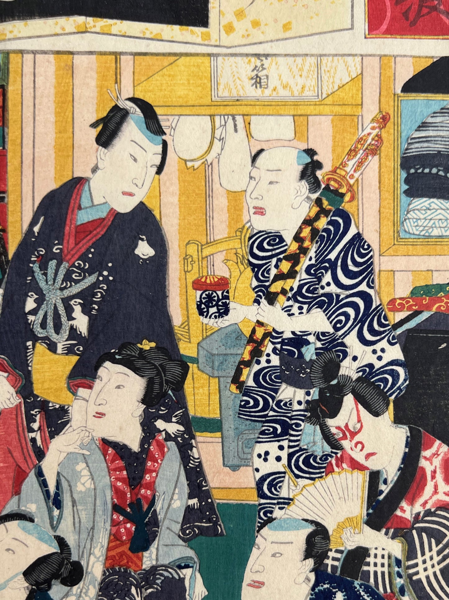 estampe japonaise partage d'un repas entre amis et saké, bol de soupe