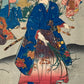 estampe japonaise homme en kimono avec femmes et enfant cueillent des herbes graminées une nuit d'automne, gros plan sur l'homme