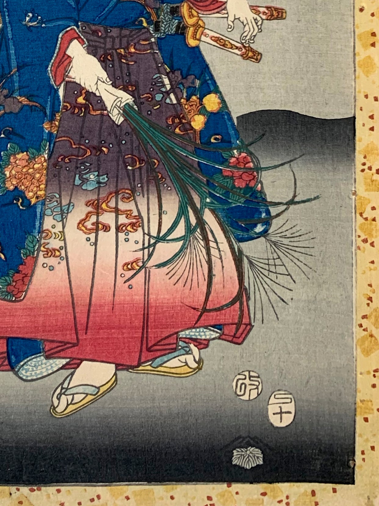 estampe japonaise homme en kimono avec femmes et enfant cueillent des herbes graminées une nuit d'automne, sceau de censure