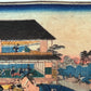 estampe japonaise rencontre discrete de samourai ronin dans la cour intérieure d'une maison de thé, personnages à l'étage des maisons de thé