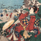 Le voyage de la mariée, une coutisane en kimono rouge assise sur le chemin