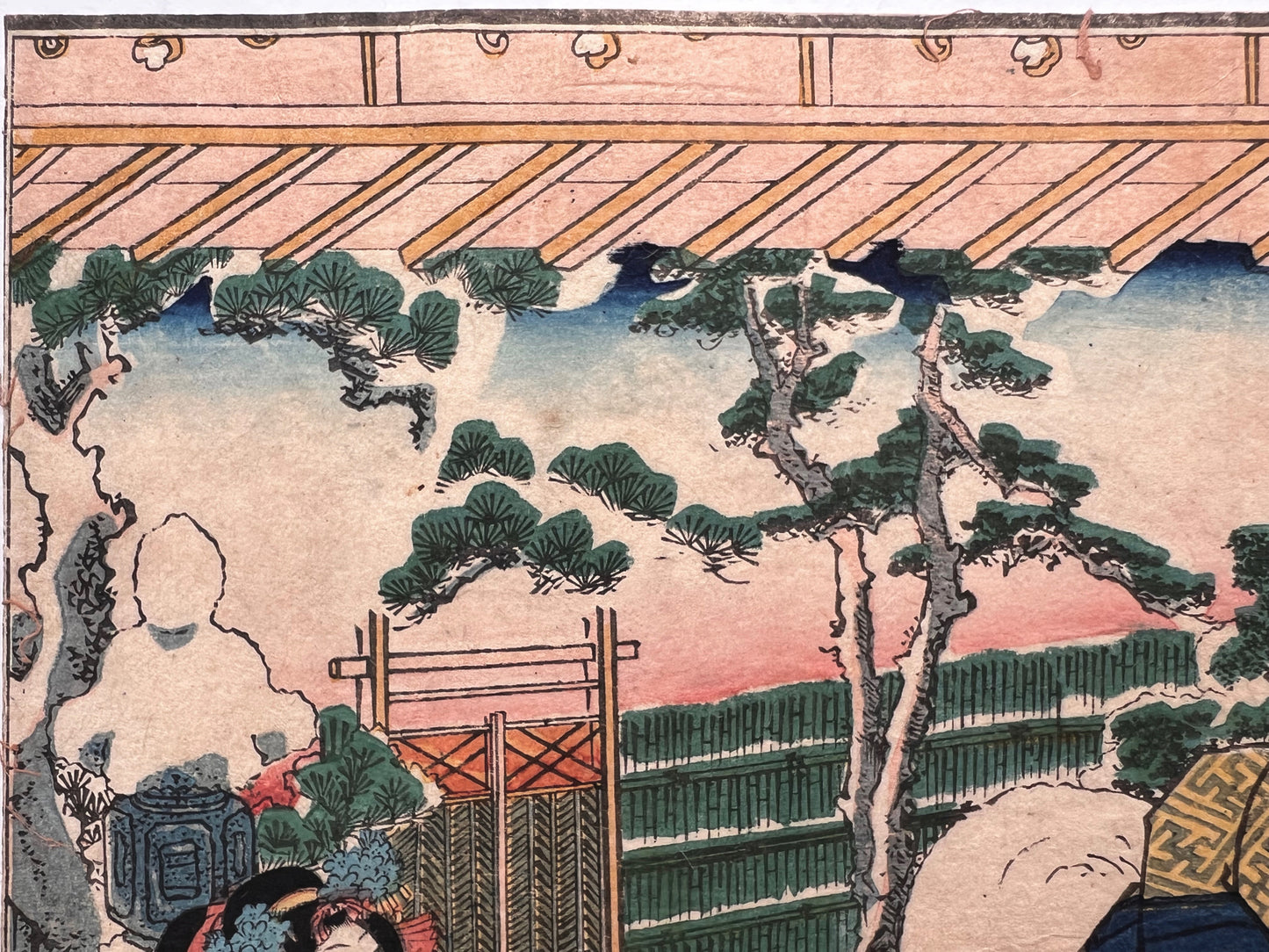 estampe japonaise samouraï et courtisanes paysage de neige, texte calligraphié, bonhomme de neige