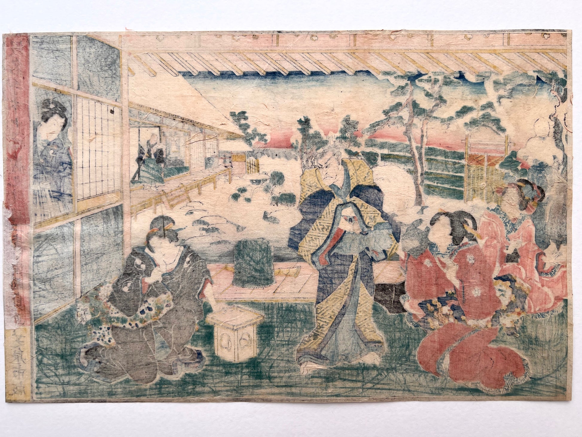 estampe japonaise samouraï et courtisanes paysage de neige, texte calligraphié, dos de l'estampe