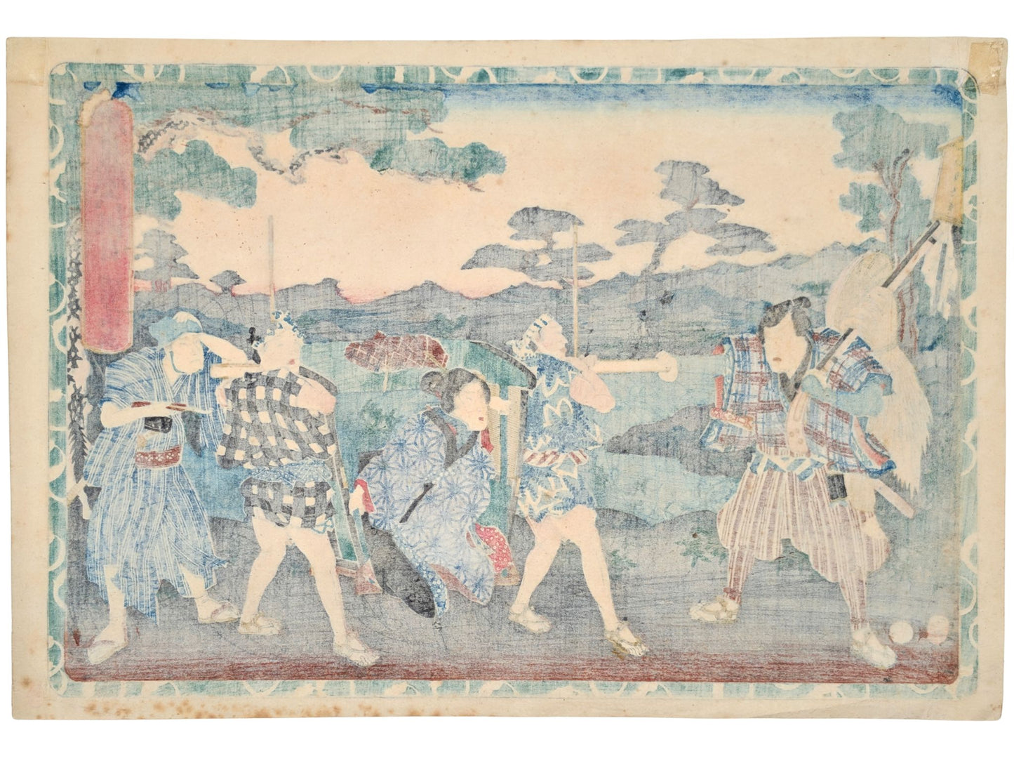 Estampe japonaise par Utagawa Kunimitsu illustrant le sixième acte du Chûshingura, la courtisane Okaru sur une chaise à porteurs face à son frère, le verso