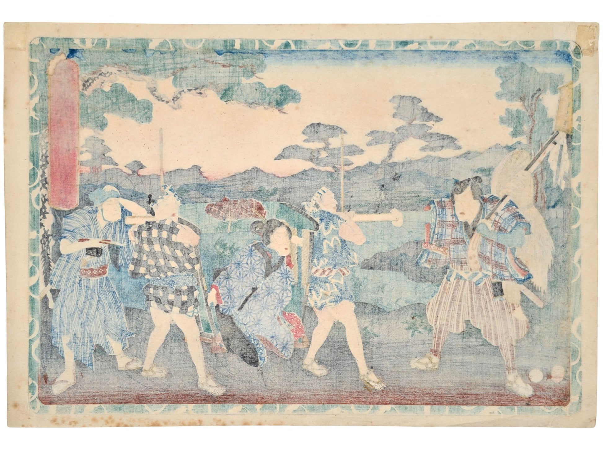 Estampe japonaise par Utagawa Kunimitsu illustrant le sixième acte du Chûshingura, la courtisane Okaru sur une chaise à porteurs face à son frère, le verso