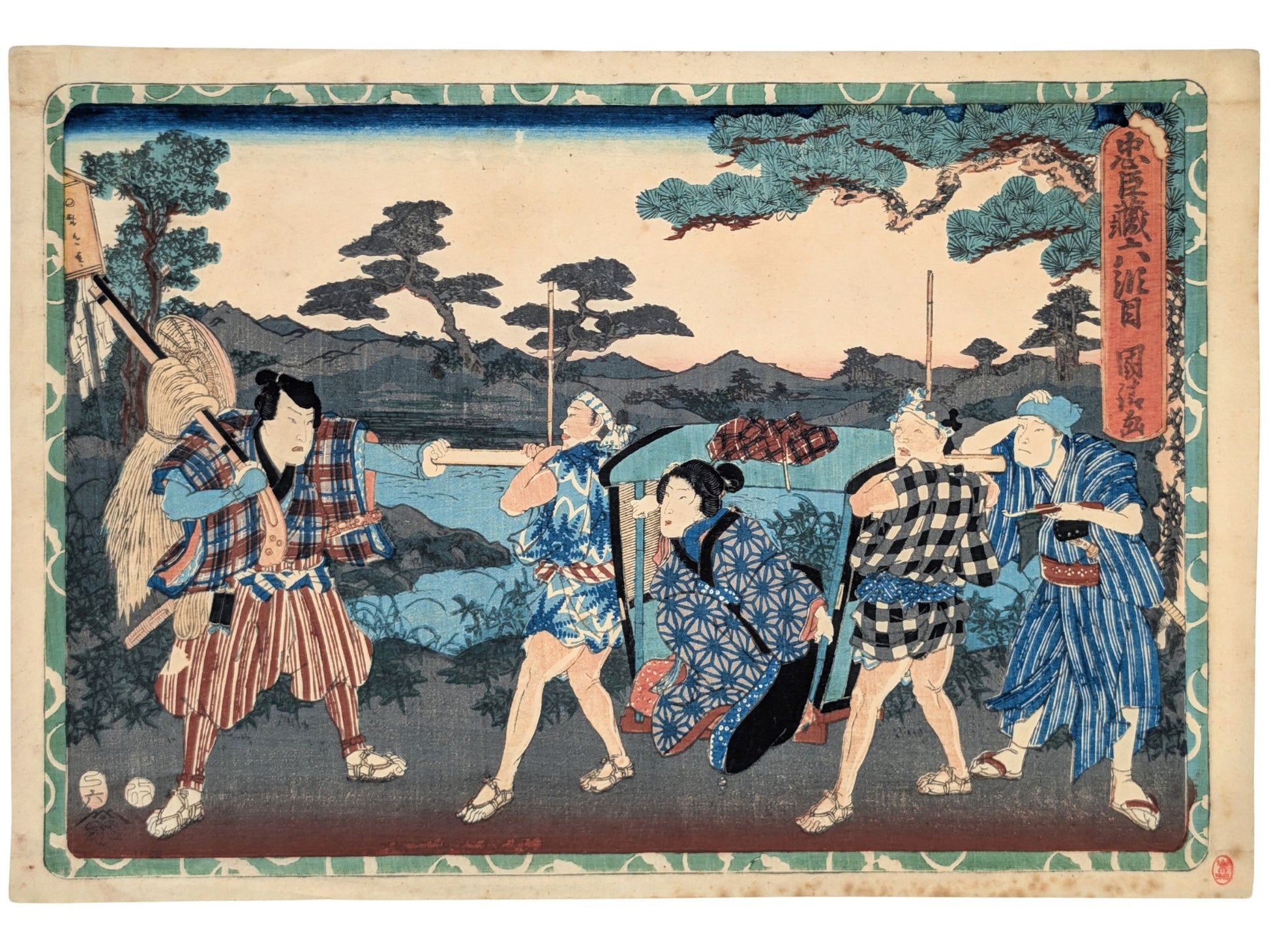 Estampe japonaise par Utagawa Kunimitsu illustrant le sixième acte du Chûshingura, la courtisane Okaru sur une chaise à porteurs face à son frère