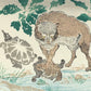 estampe japonaise de Kyosai, Tanuki jouant avec une tortue, patte sur une tortue sur le dos