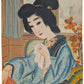 lithographie japonais représentant une femme japonaise avec un mouchoir et un livre à la main, et érable rouge