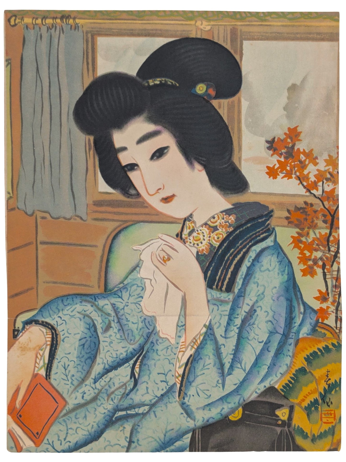lithographie japonais représentant une femme japonaise avec un mouchoir et un livre à la main, et érable rouge