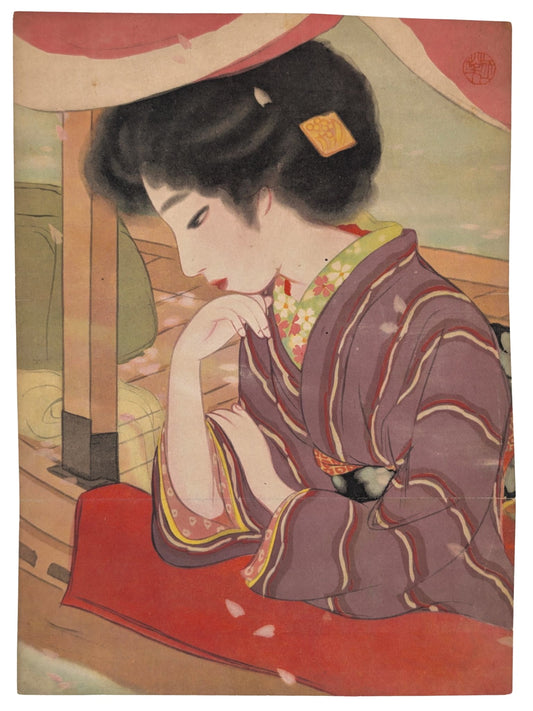 Lithographie japonaise de Kurihara Gyokuyo, une jeune femme en kimono pensive dans une barque au printemps