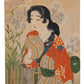 Lithographie japonaise d'Ikeda Shōen représentant une jeune femme en kimono orange devant des chrysanthèmes
