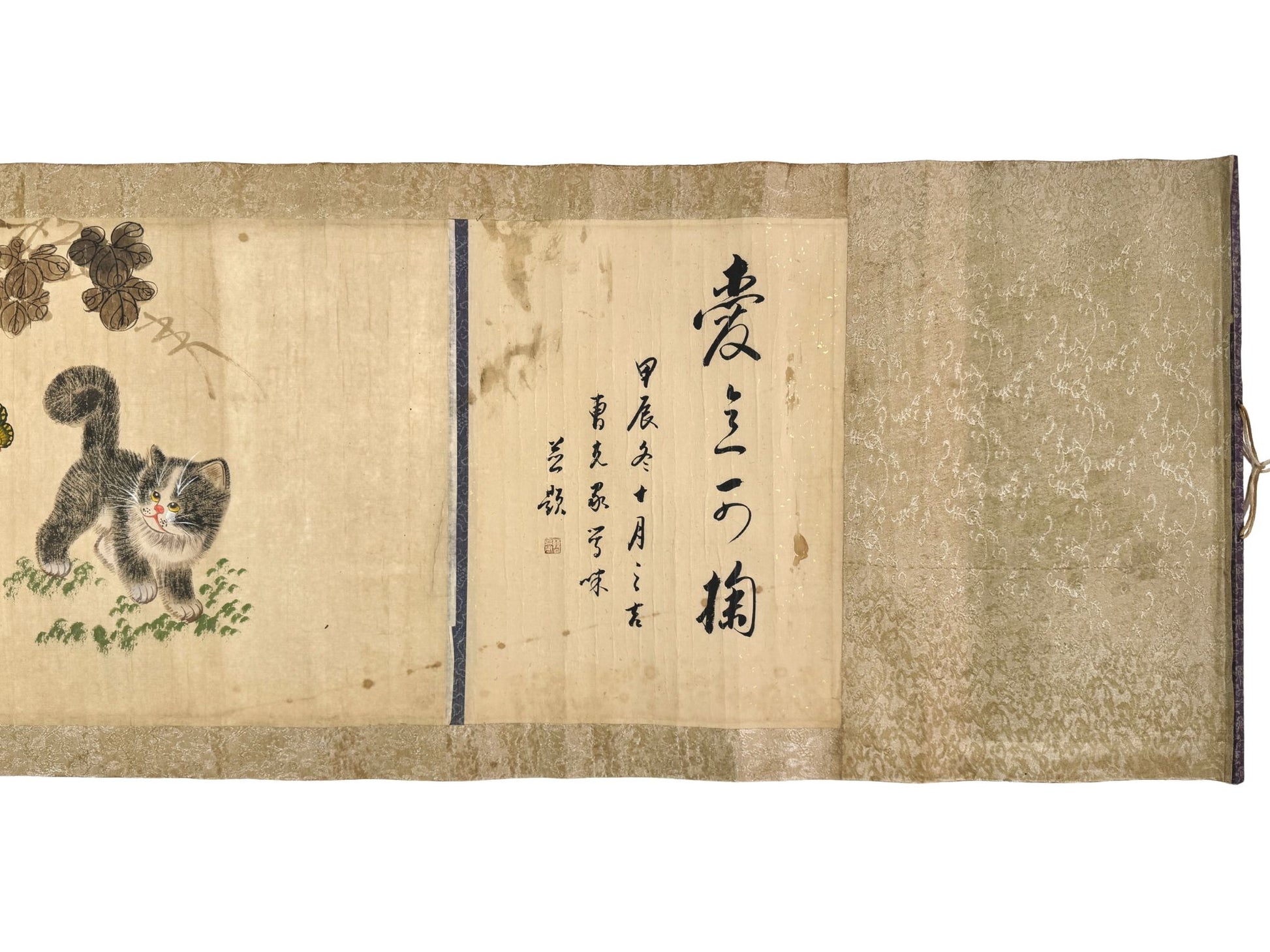 makimono japonais ancien, chatons et papillons détail signature