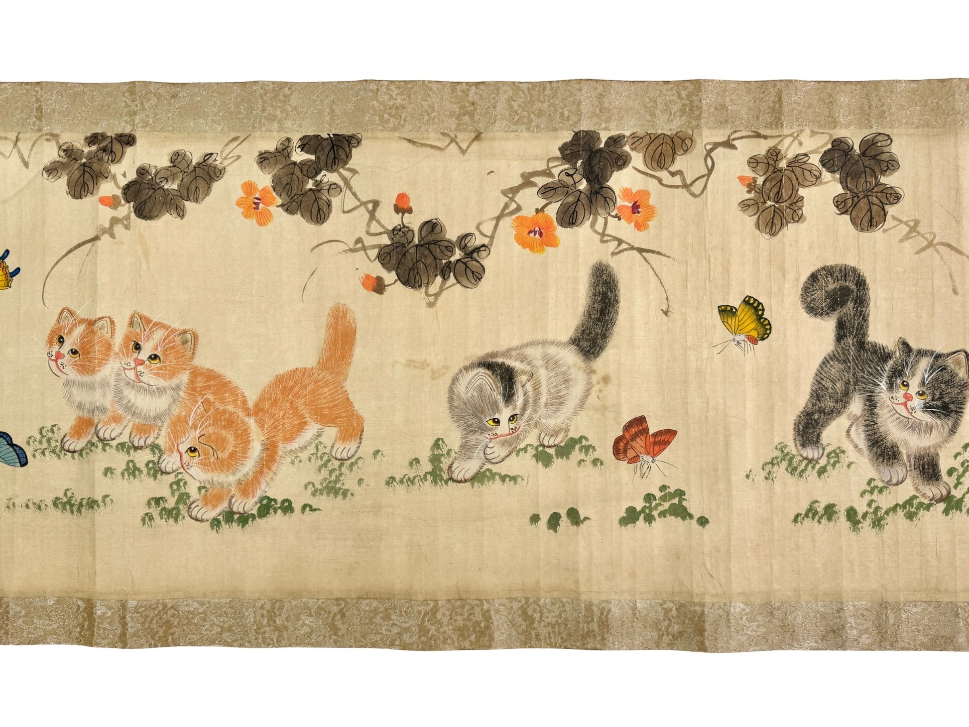 makimono japonais ancien, chatons et papillons détail 4