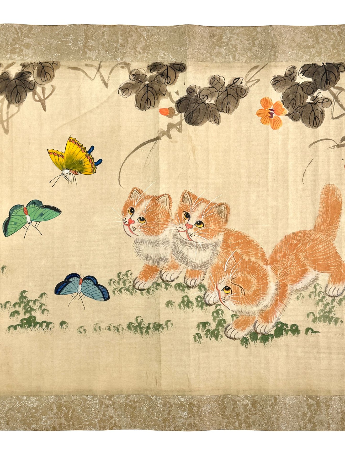 makimono japonais ancien, chatons et papillons détail 1
