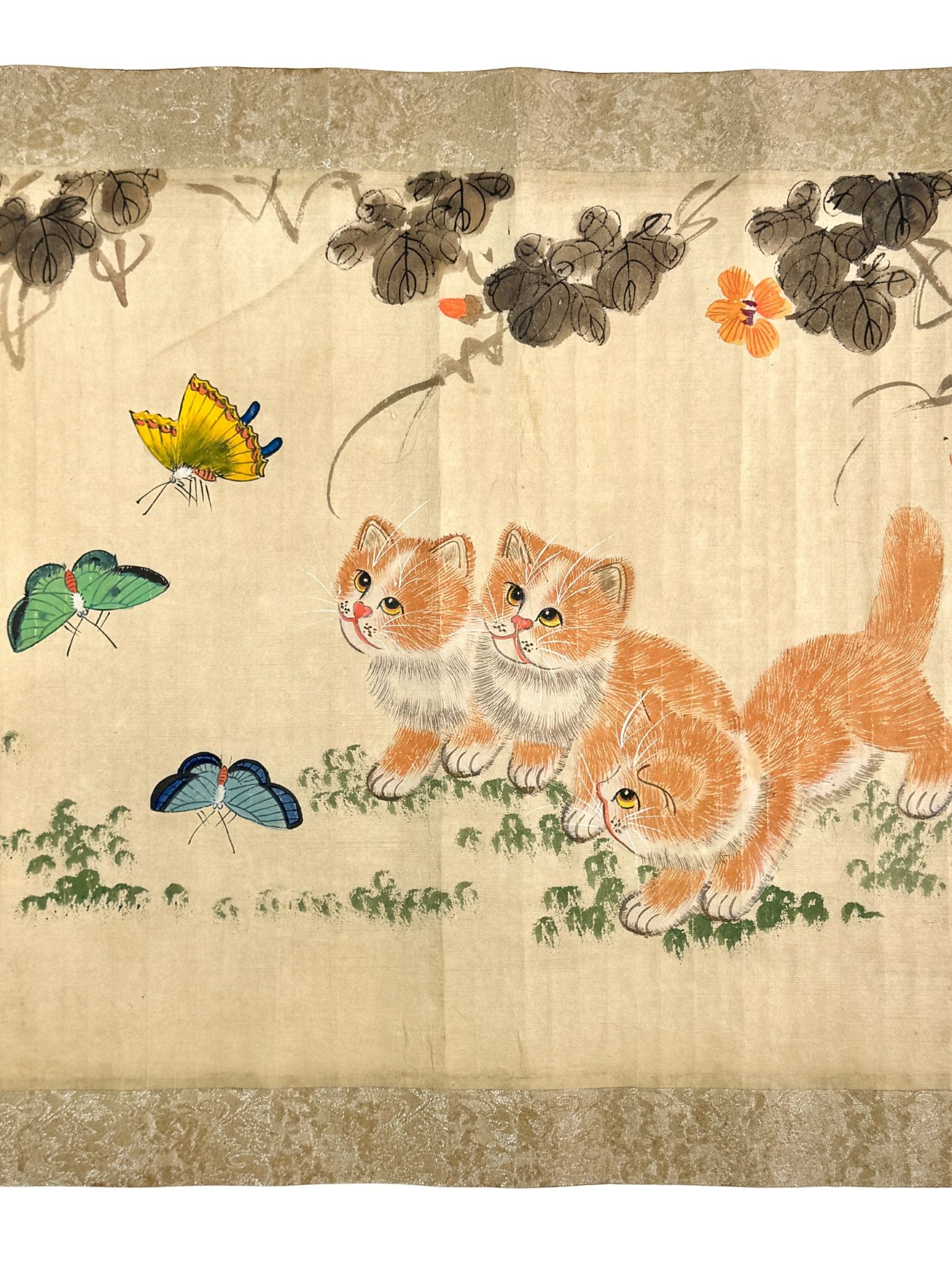 makimono japonais ancien, chatons et papillons détail 1