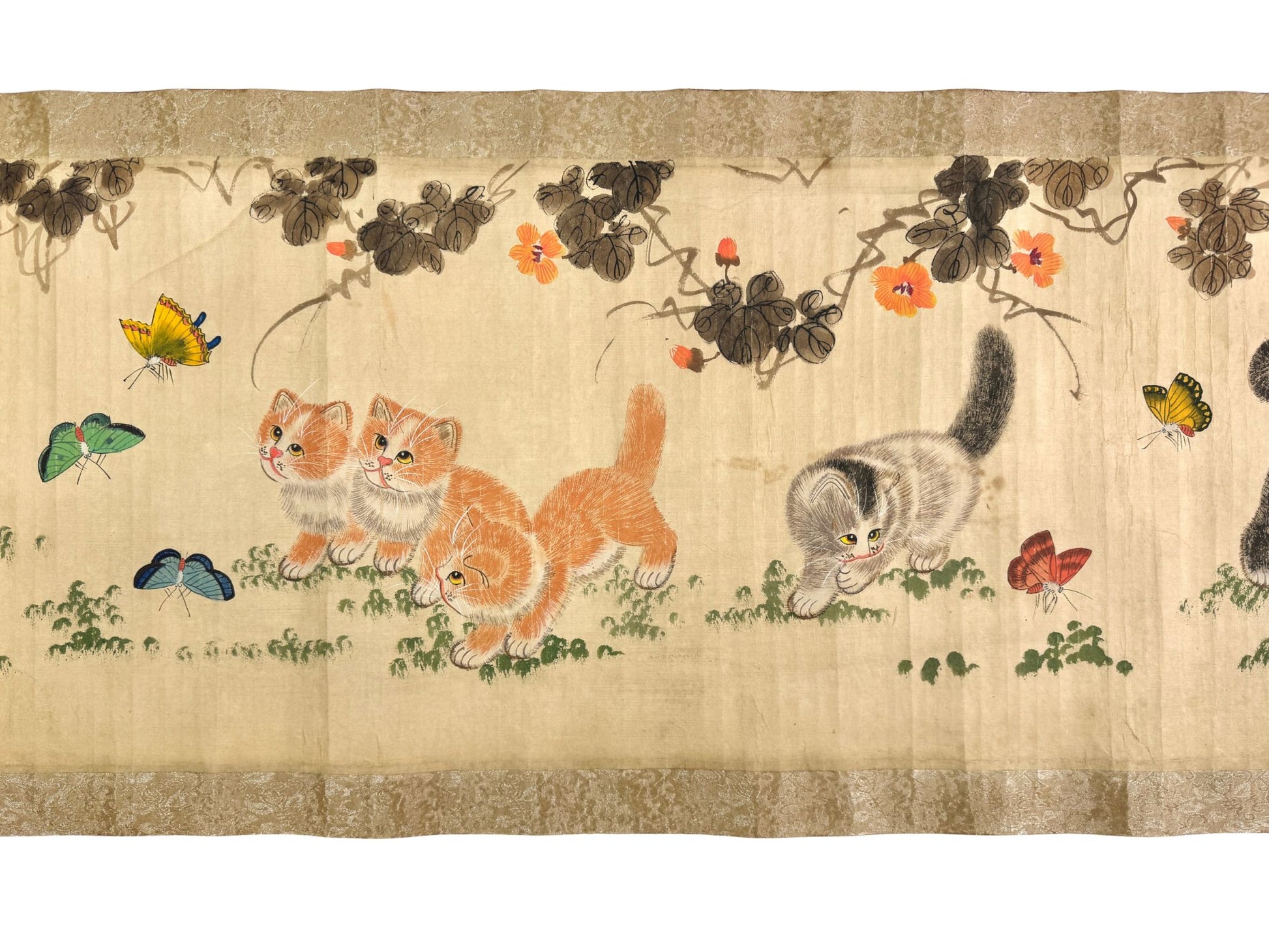makimono japonais ancien, chatons et papillons détail 5