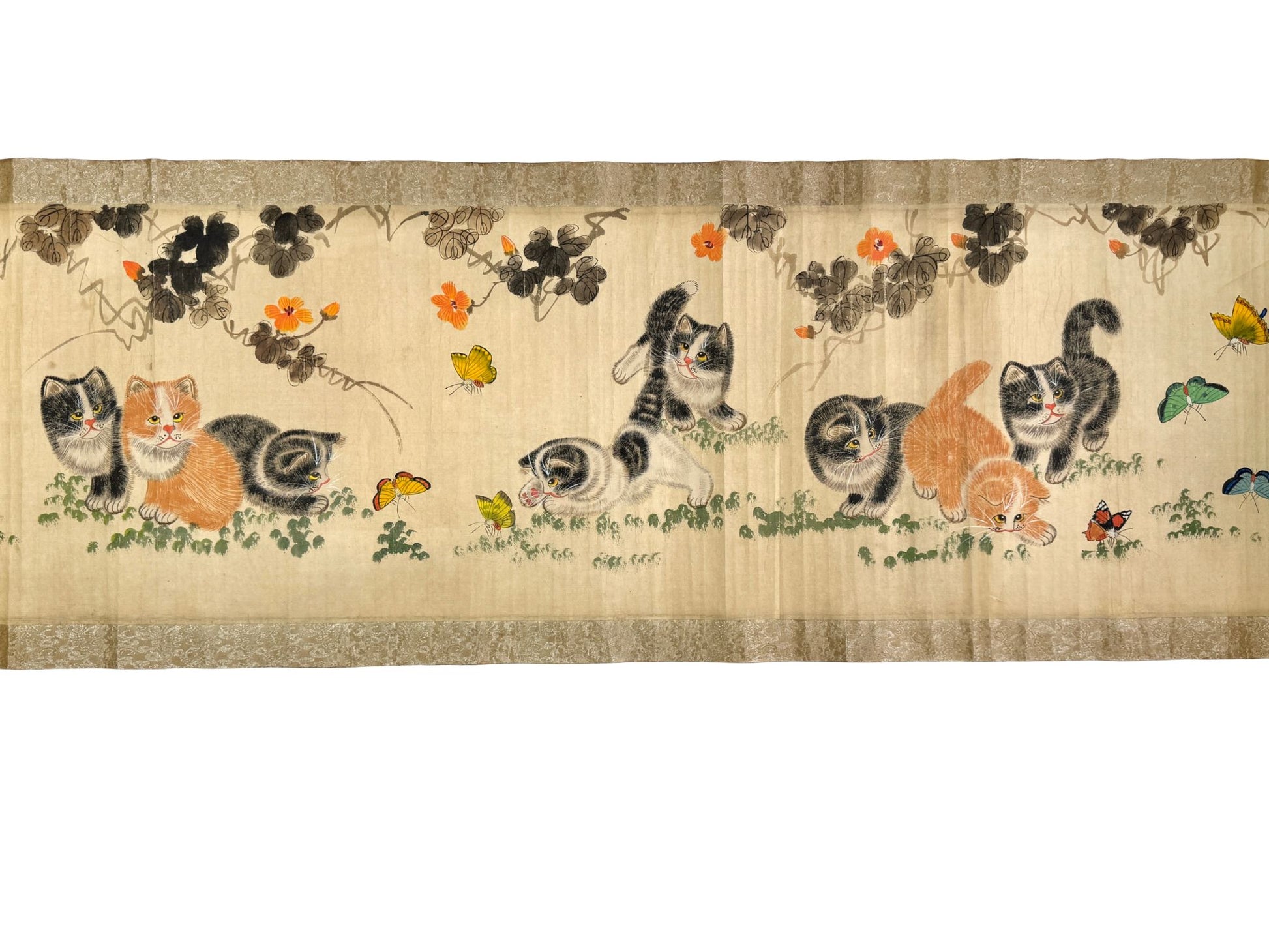 makimono japonais ancien, chatons et papillons détail  6