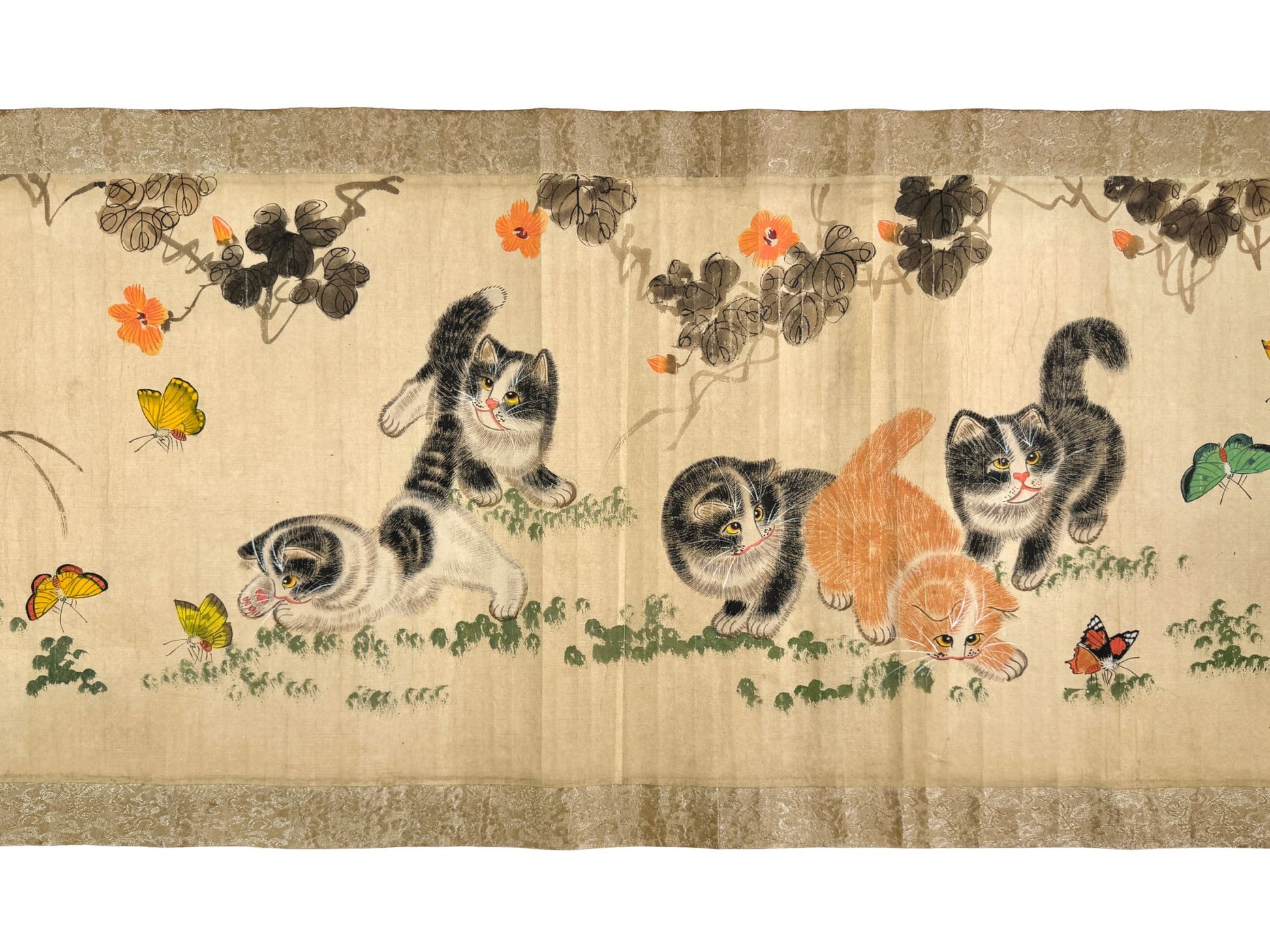 makimono japonais ancien, chatons et papillons détail  8