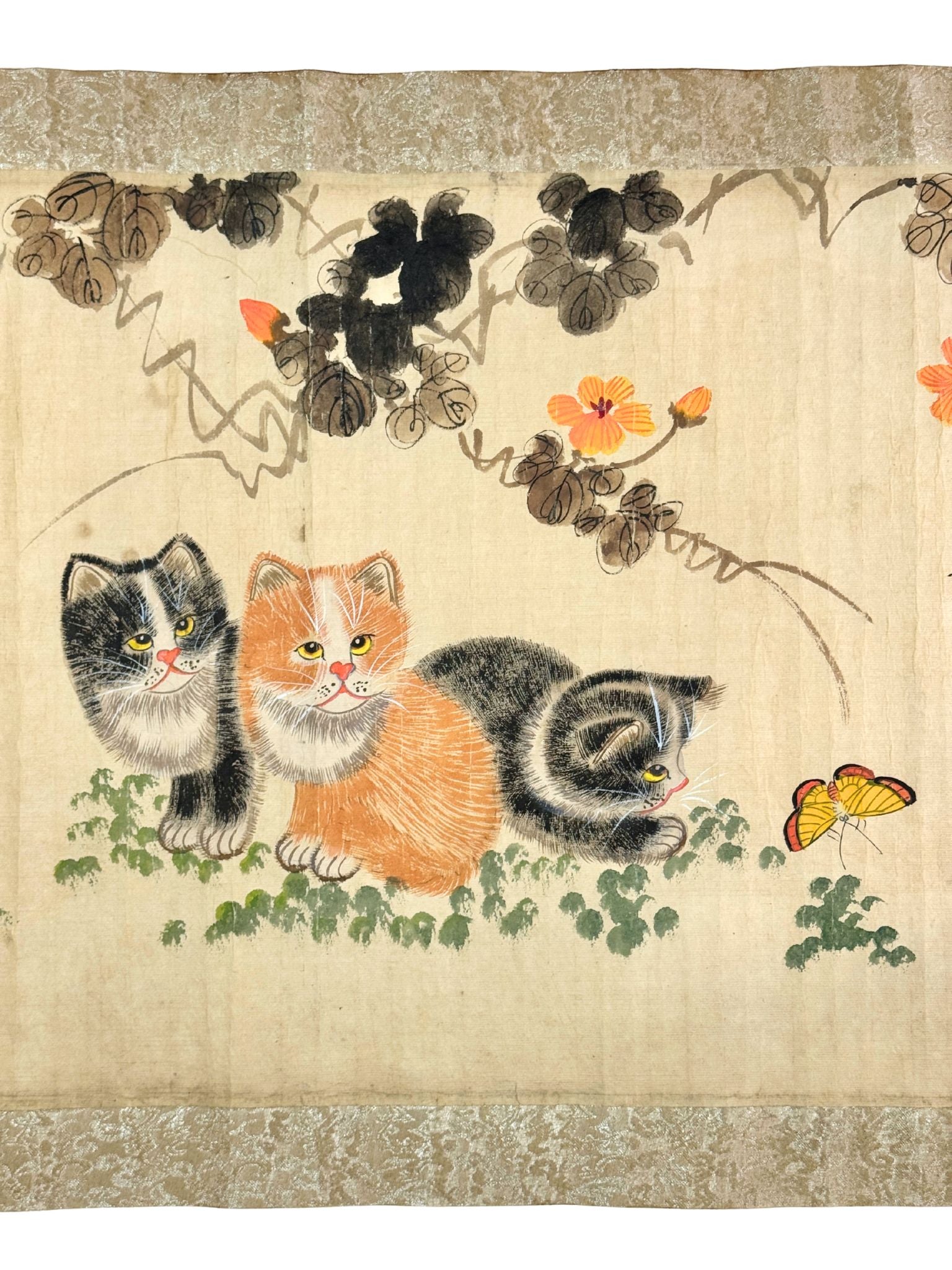 makimono japonais ancien, chatons et papillons détail  9