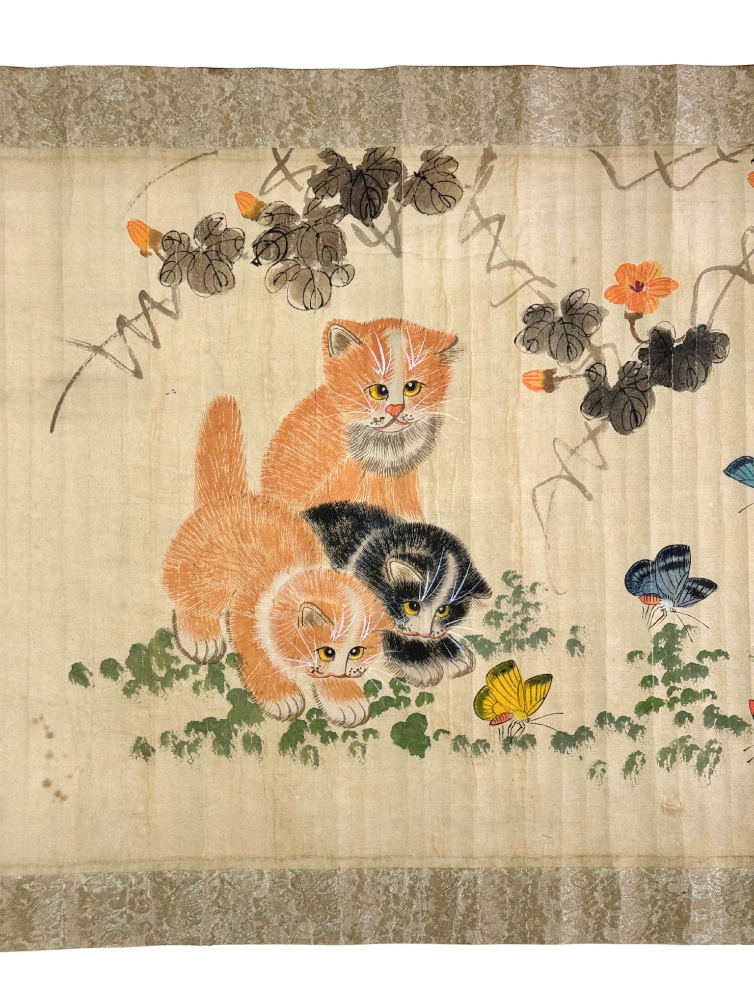 makimono japonais ancien, chatons et papillons détail 3