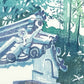 estampe japonaise contemporaine, toit d'un temple dans la foret, gros plan tuiles du toit
