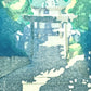 estampe japonaise contemporaine paysage avec escalier et tori dans la foret, gros plan sur les escaliers et le Tori