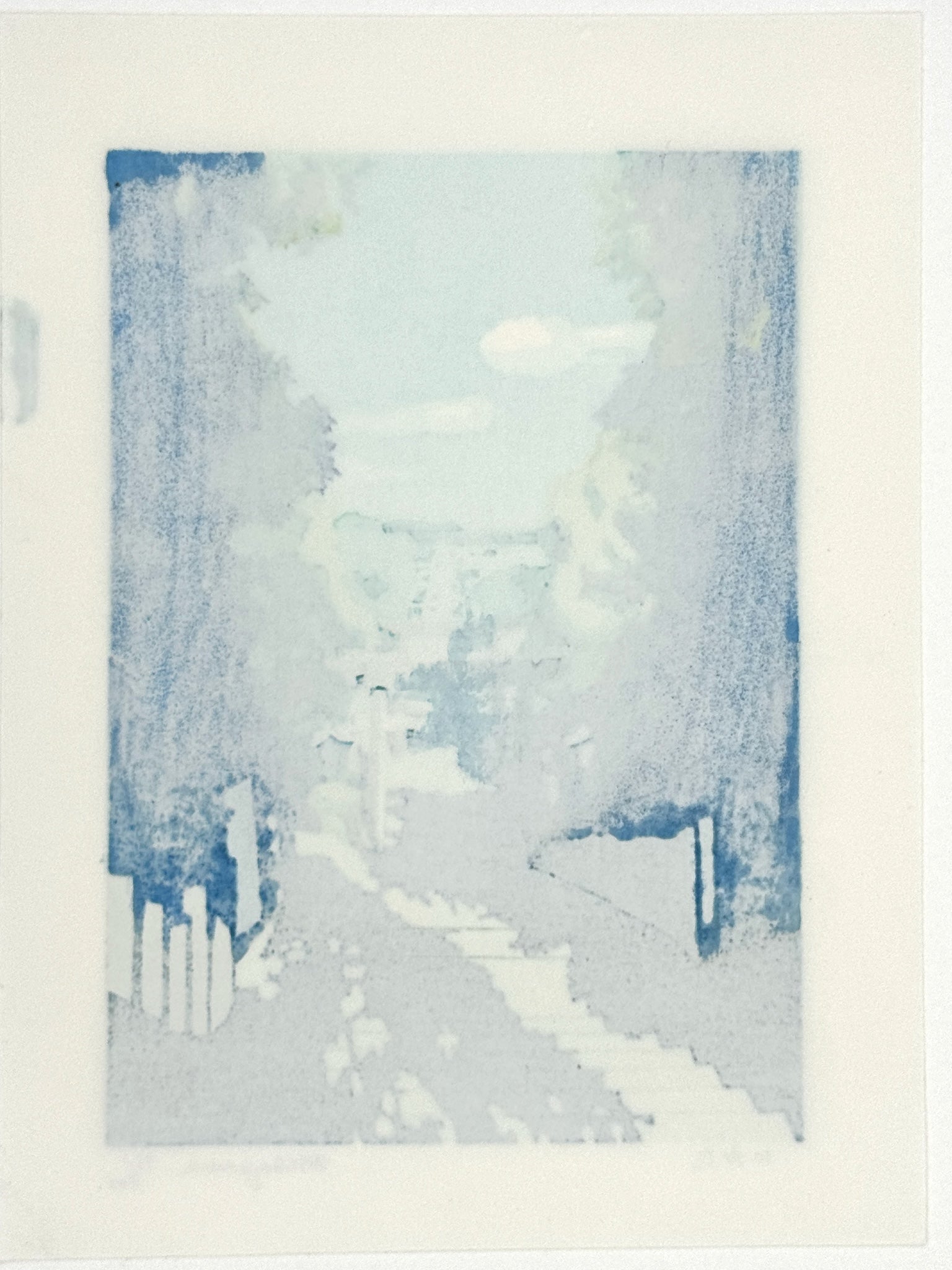 estampe japonaise contemporaine paysage avec escalier et tori dans la foret, dos de l'estampe