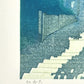 estampe japonaise contemporaine paysage avec escalier et tori dans la foret, titre en japonais
