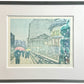 estampe japonaise contemporaine de Mibugawa Junichi, jour de neige sur le pont Sanjo à Kyoto, encadrée avec cadre argenté gris-vert