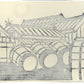 estampe japonaise contemporaine en noir et blanc avec le soleil en feuille d'or, batiments et tonneau d'une distillerie de saké, dos de l'estampe