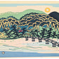 estampe japonaise moderne de Minakawa Taizo, rivière forêt et pont à Arashiyama