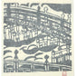 Lithographie japonaise  en noir et blanc de Munakata avec pont et rivière stylisés, le verso