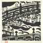 Lithographie japonaise  en noir et blanc de Munakata avec pont et rivière stylisés