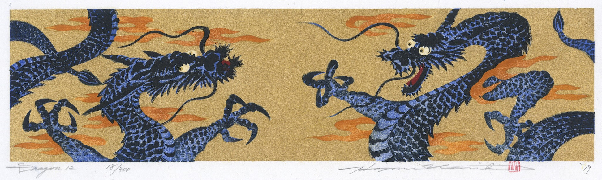 estampe japonaise deux dragons bleus dresséq face à face sur fond or