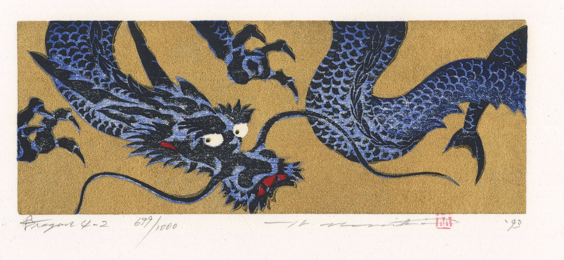 estampe japonaise dragon bleu gueule fermée sur fond or