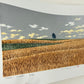 estampe japonaise contemporaine de paysage, chmps de blé, arbre et fond argent, profil