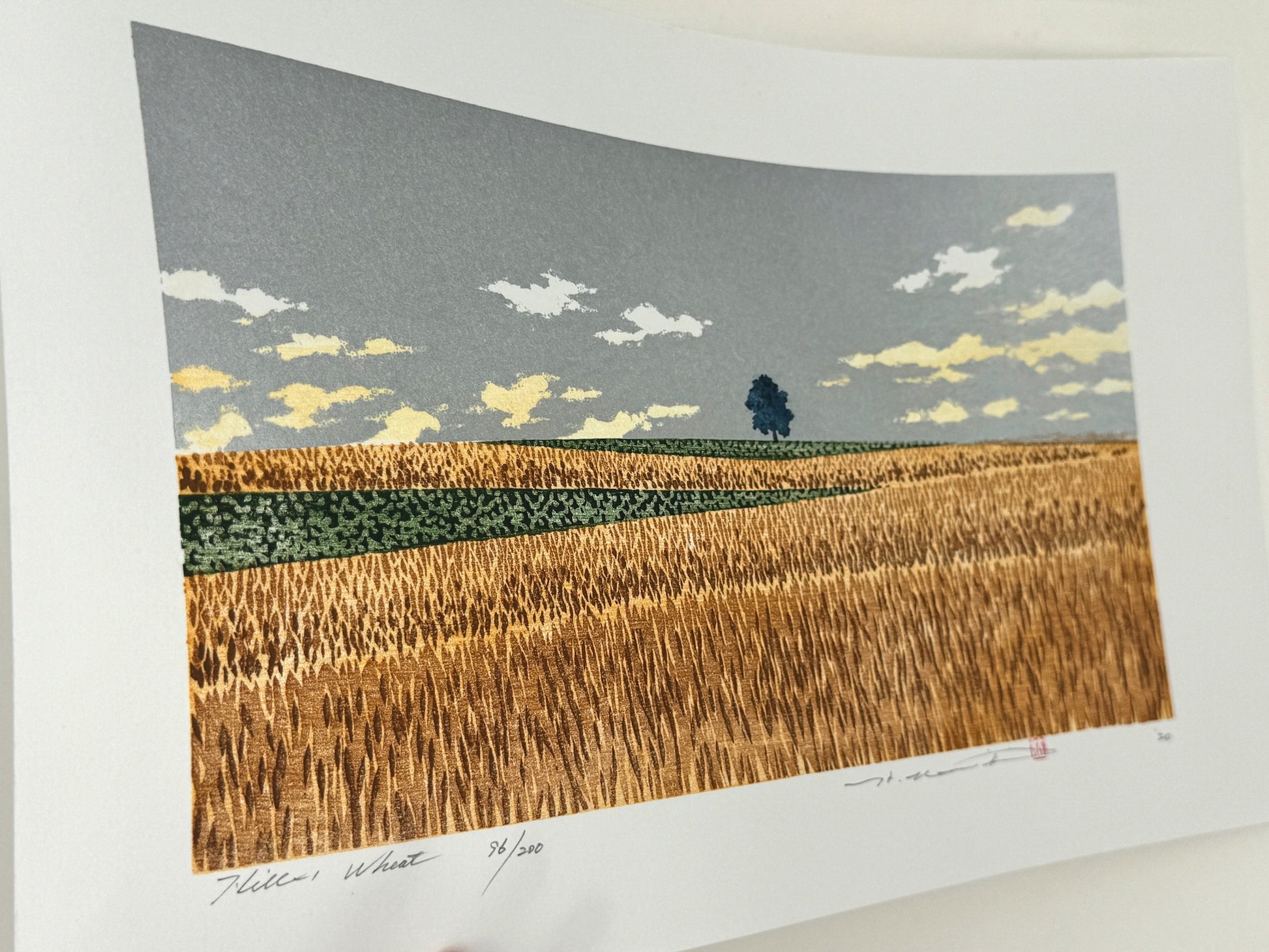 estampe japonaise contemporaine de paysage, chmps de blé, arbre et fond argent, profil