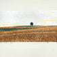 estampe japonaise contemporaine de paysage, chmps de blé, arbre et fond argent